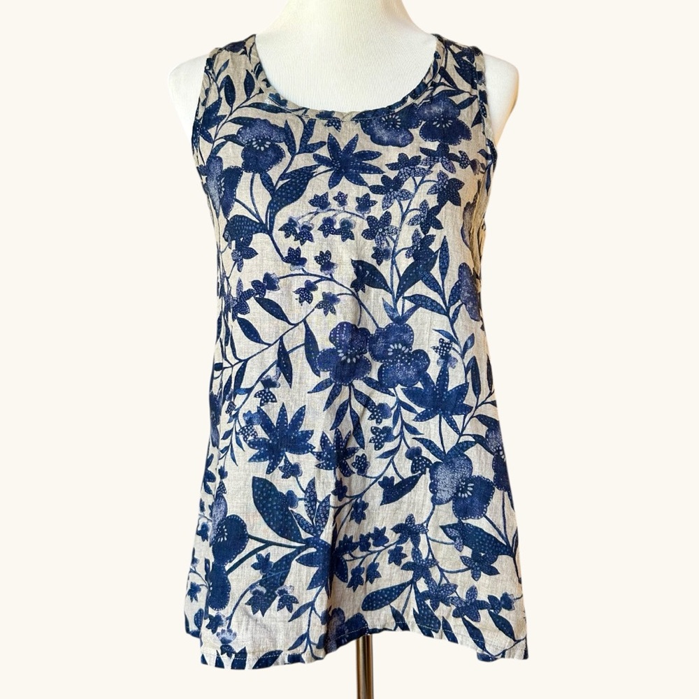 Flax linen blue and beige floral tank sz S